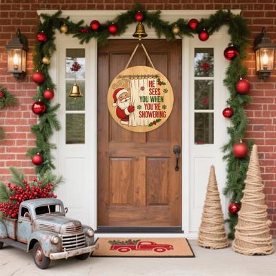Panneau de porte de bienvenue de Noël Dessin animé Père Noël Panneau à suspendre de porte Fête de vacances de Noël Décoration Cintre de porte d'entrée Plaque murale décorative