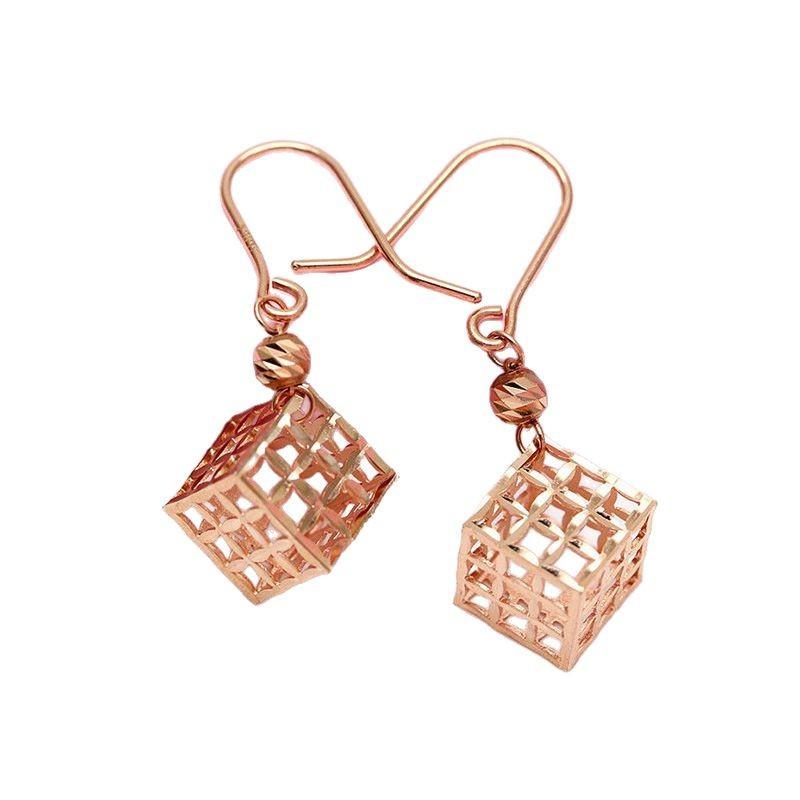Exquisite Russian 585 Purple Gold Hollow Rubik'S Cube Earrings Light Luxury Niche Rose Gold Car Flower Square Earrings