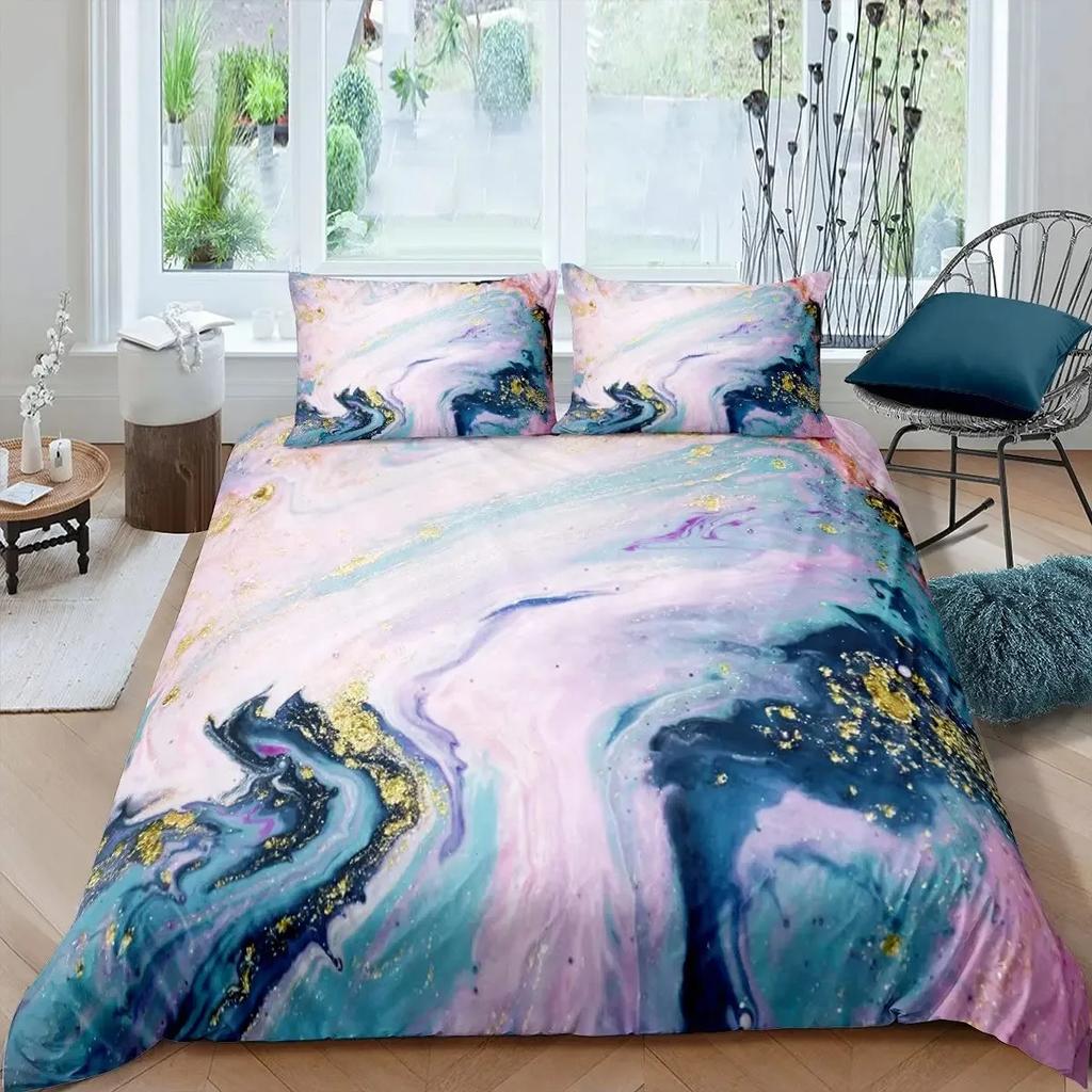 Colorful Marble Tie Dye Watercolor Pastel Abstract Girly Comfortable Duvet Quilt Cover Pillowcase Bedding Set Children Bedroom