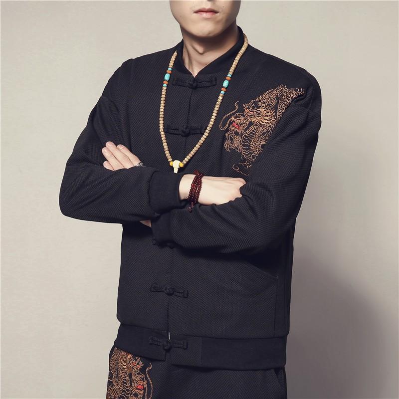 Mens Dragon Embroidery Stand Collar Jacket Plus Size Casual Outerwear Youth