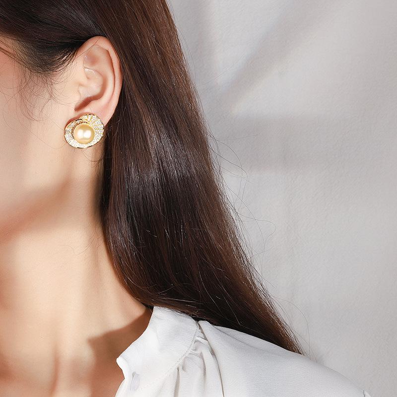 Jewelry Inlaid With Gold Beads, Light Gold Stud Earrings, Shell-Shaped Women'S Jewelry Beads 12Mm