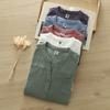 Spring Cotton Yarn Shirt Women Stand Collar Short Sleeve Solid Top Girl Fashion Pocket Retro Blouses Summer