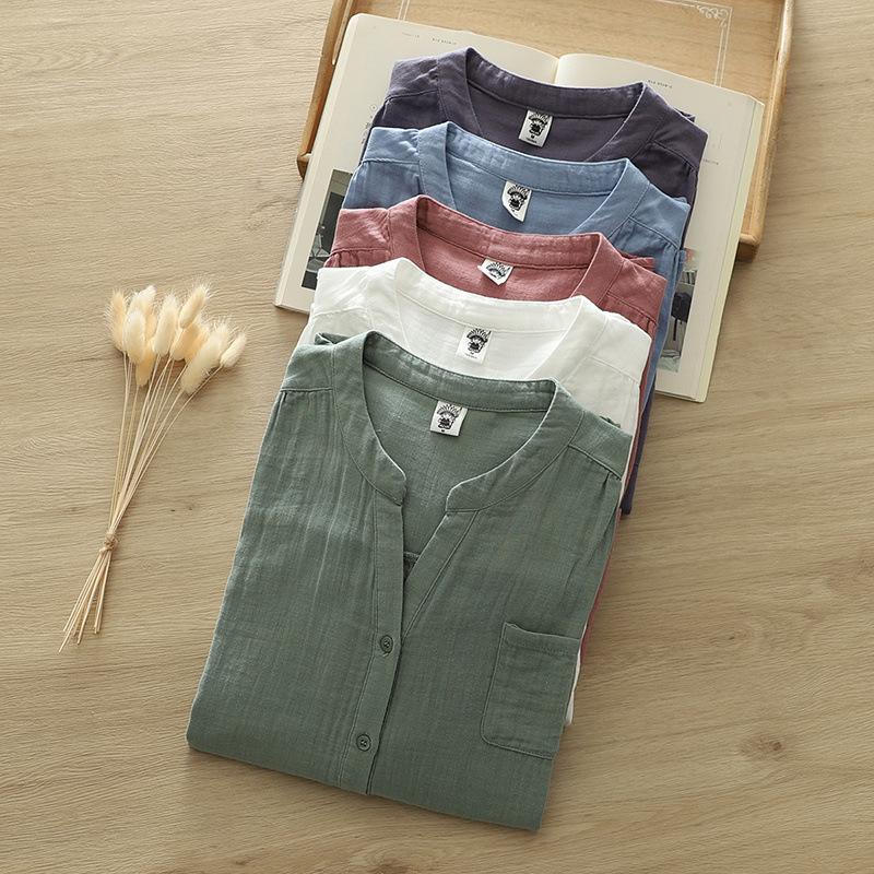Spring Cotton Yarn Shirt Women Stand Collar Short Sleeve Solid Top Girl Fashion Pocket Retro Blouses Summer