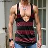INCERUN Men Low-cut Sleeveless Striped Print Casual Loose Tank Tops