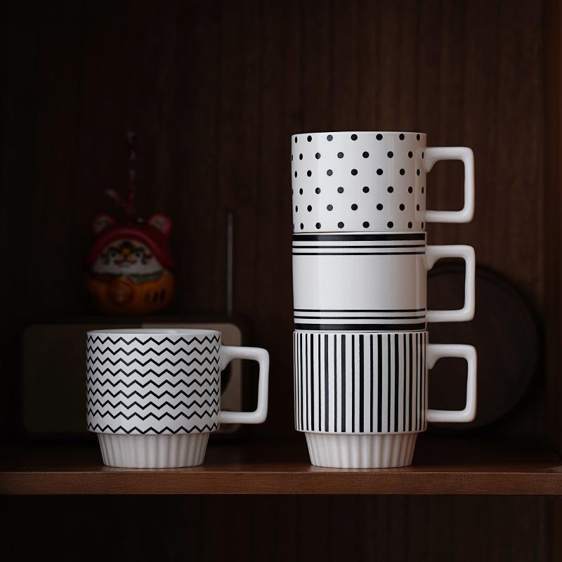 Kubek geometryczny w stylu Hepburna z czarną linią, kubek do kawy i mleka w kropki, prosty ceramiczny kubek w stylu nordyckim, kubek do układania, wysokiej klasy