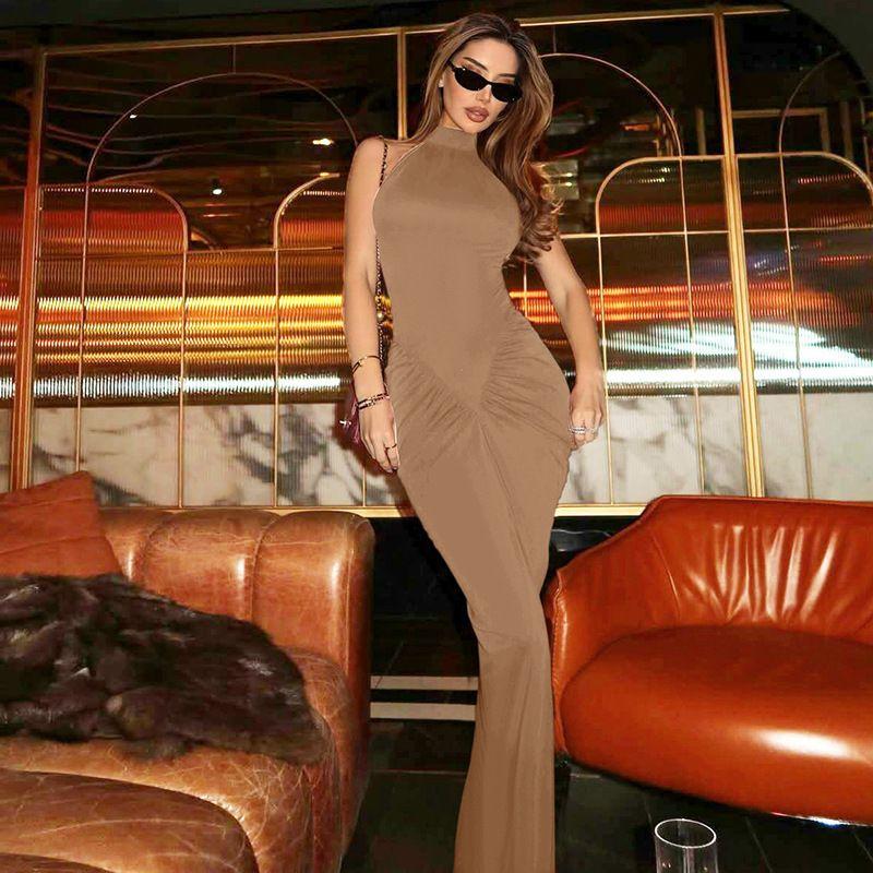 

Amazon Women clothes 2025 Summer New Product Fashion Temperament Back Zip-up Pleat Sleeveless Dress Khaki L