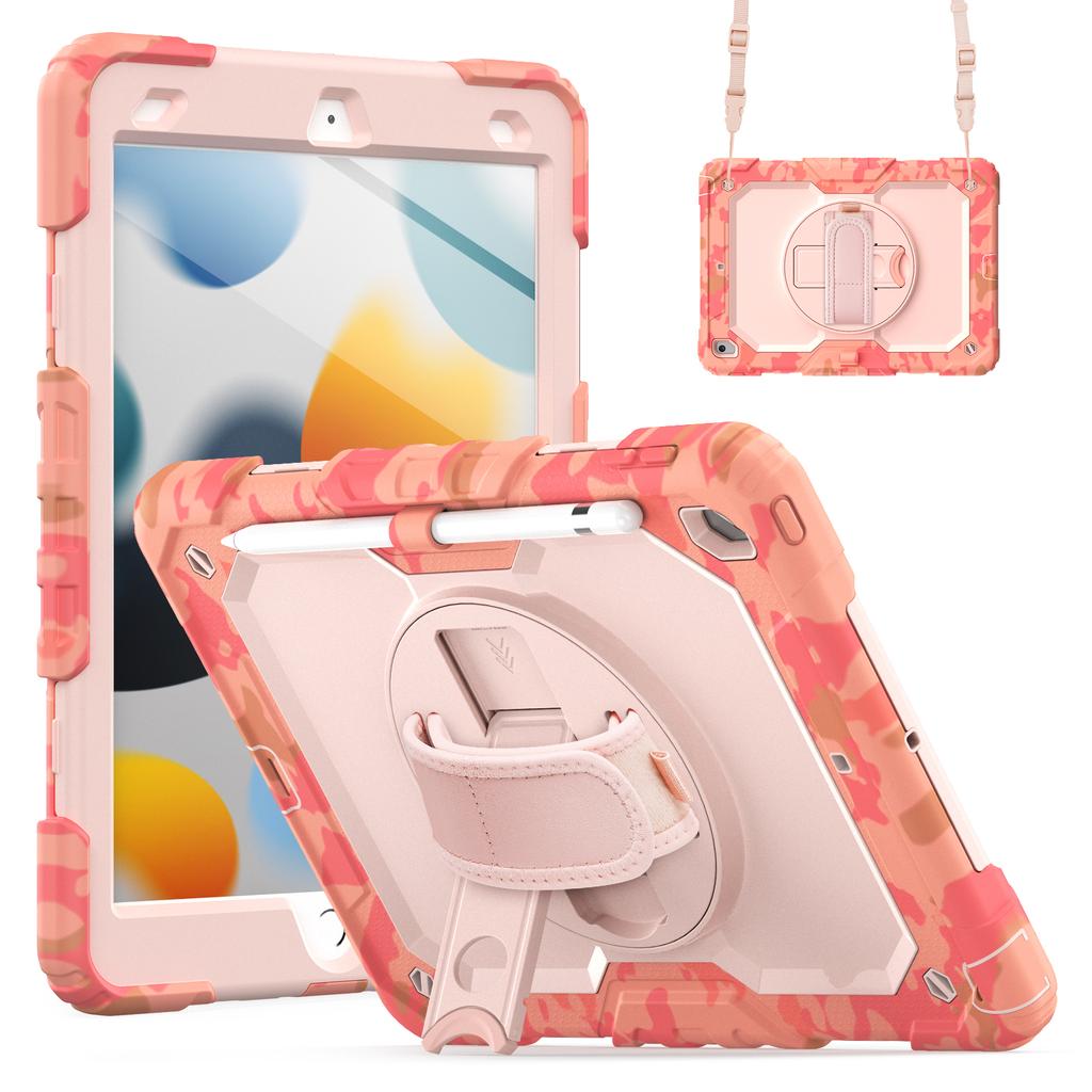For iPad 10.2 (2021)/(2019)/(2020) Case Camo Printing PC + Silicone Tablet Cover with PET Film/Shoulder Strap