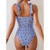 Blue Strawberry Plaid Print Swimwear Women Tie Strap V Neck Tummy Control One Piece Swimsuit Beach Bathing Suits