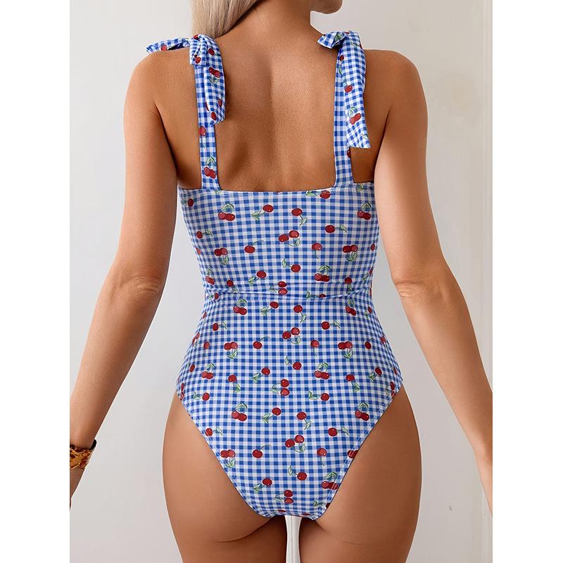 Blue Strawberry Plaid Print Swimwear Women Tie Strap V Neck Tummy Control One Piece Swimsuit Beach Bathing Suits