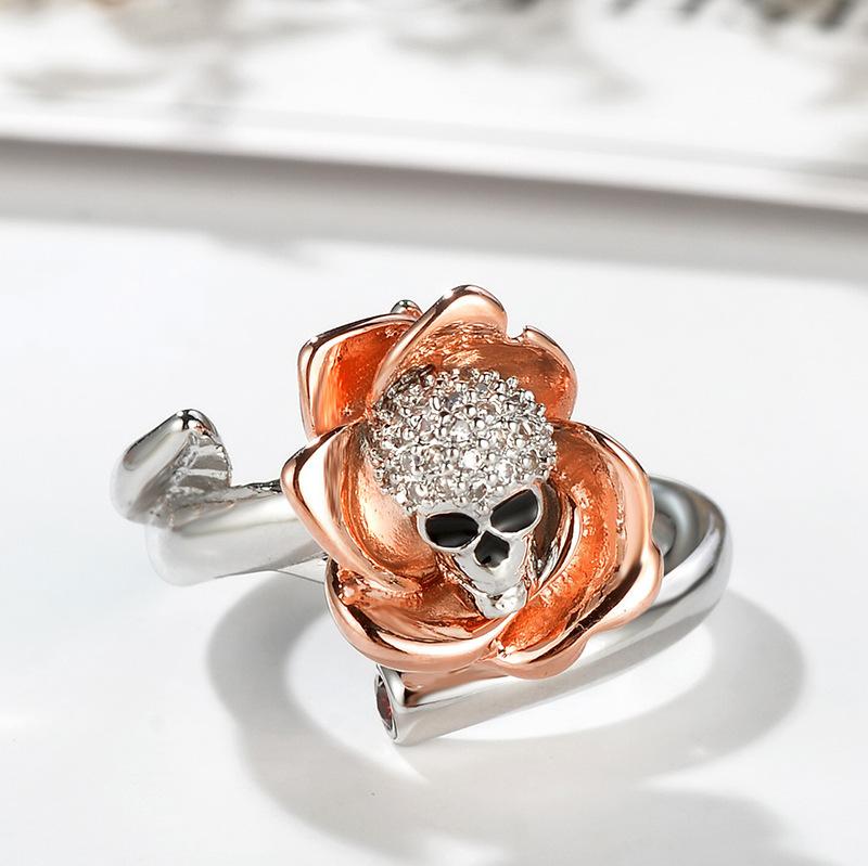 Jewelry, Gold-Plated Skull, Zircon Ring, Female, Rose Open Ring.