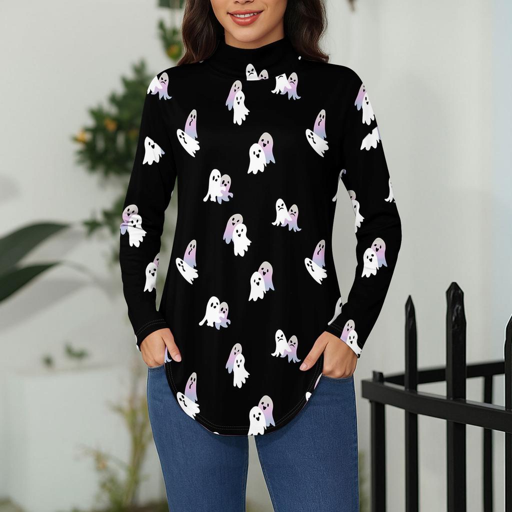 Tee Shirts For Women Fall Casual Long Sleeve Shirts Sweatshirt Vintage Printed High Neck Top Pullover