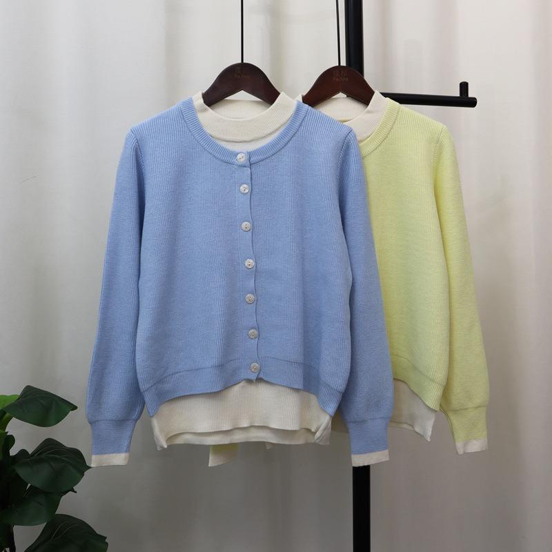 Crew Neck Fake Two-piece Knitted Cardigan Women's Autumn and Winter New Loose Contrasting Color Design Temperament Sweater Jacket