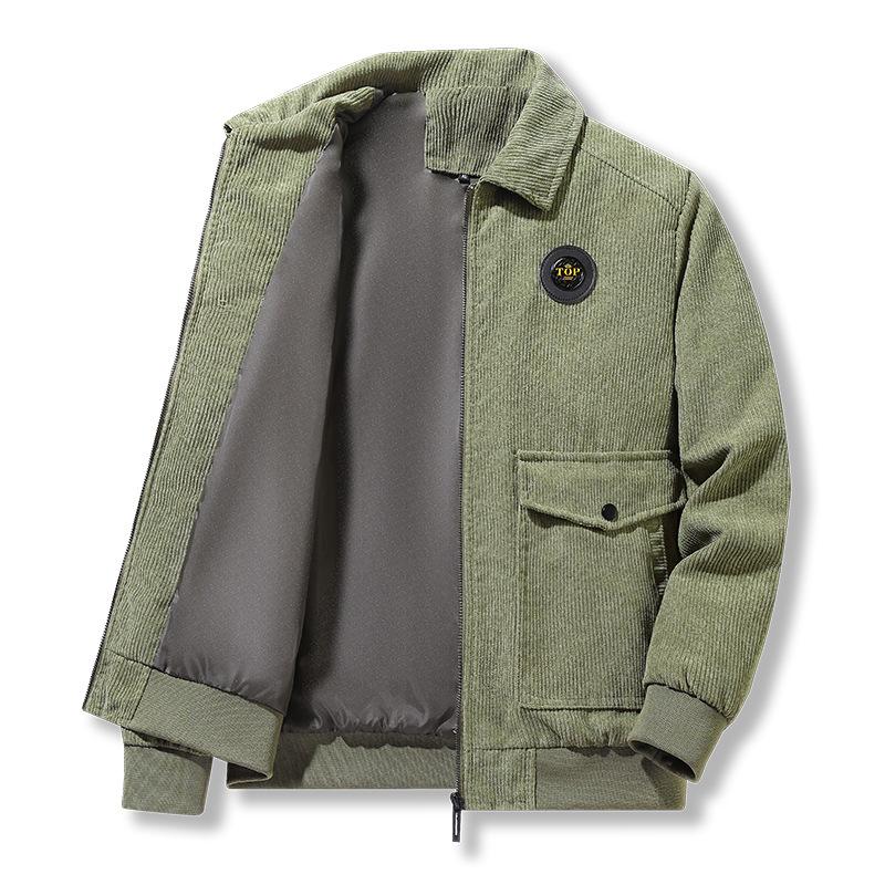 Corduroy Jacket Men's Autumn and Winter Thickened Velvet Casual Lapel Jacket Green and Medium Lamb Velvet Warm Winter Wear