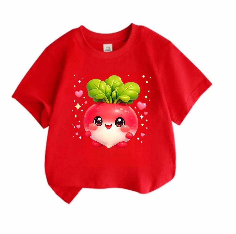 Kids Boys Girls 100% Cotton Crew Neck Short Sleeve T-Shirt, Cute Cartoon Radish Print Casual Soft Breathable Tee for Children Daily Outdoor Playwear