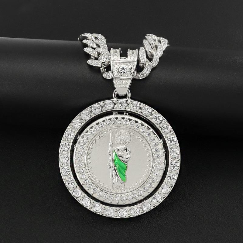 Hip Hop Tide Men's and Women's Diamonds Rotatable Religious St. Jude Statue Pendant Cuban Chain Necklace Accessories