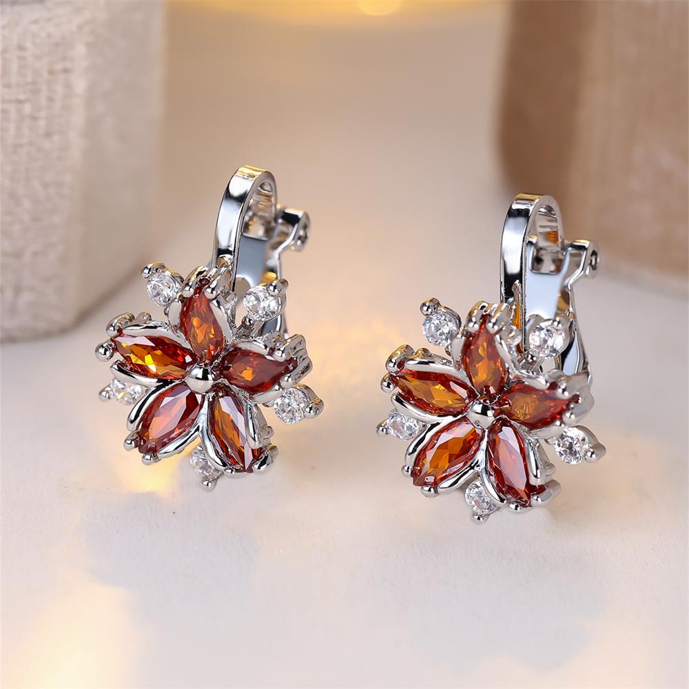 Rainbow Zircon Cute Flower Earring Multicolor Crystal Sakura Clip Earrings For Women Vintage Silver Color Bridal Wedding Jewelry