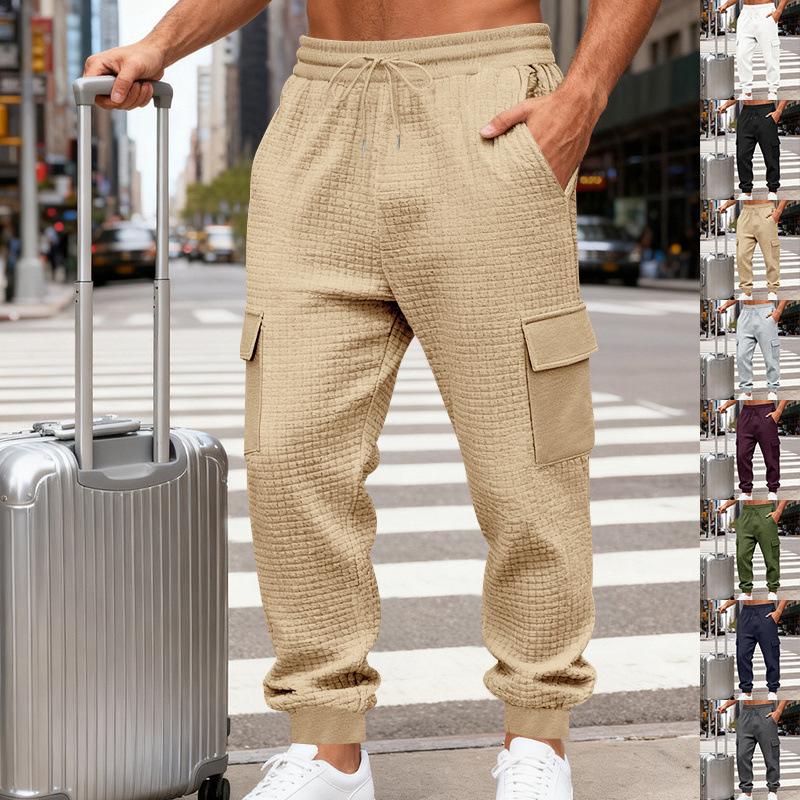 Spring and autumn jacquard checkered jogger pants, casual long pants for men, versatile and stylish multi-pocket trousers