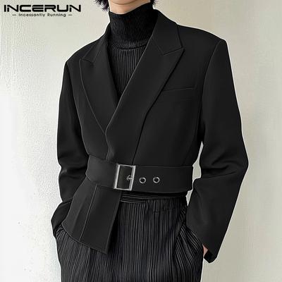 Spring Men Long Sleeve Belt Blazer Irregular Short Coats