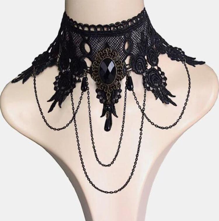 Colier Choker Gotic din Dantelă Neagră - Accesoriu Simplu Punk pentru Femei