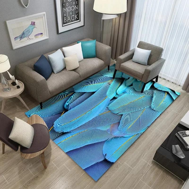 Feather Print Crystal Velvet Home Carpets for Living Room Decor Quality Wrapping Edge Rugs for Bedroom Dirt Tolerance Floor Mat