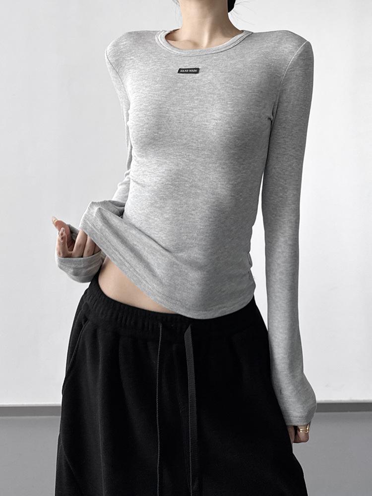 Women's Grey Round Neck Slim Fit Long T-Shirt - 2025 Autumn/Winter Collection