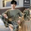 Men's Warm Velvet Pajamas - Casual Long-Sleeve Cartoon Print, Autumn/Winter, Loose Fit, Round Neck, Suitable for Teenagers and Children.