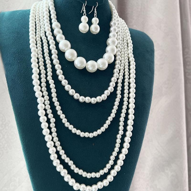 Set Elegant de Colier cu Mai Multe Șiraguri de Perle Faux și Cercei cu Mărgele pentru Femei, Set de Bijuterii Stilat pentru Pasionații de Modă