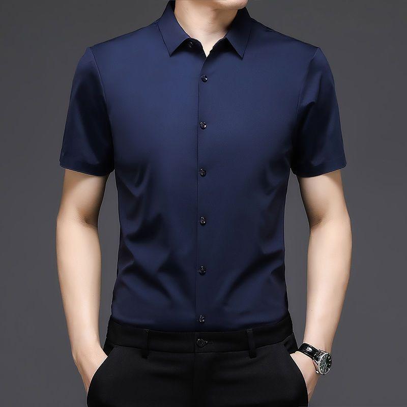 High End Ice Silk Shirts Men Short Sleeve Business Wrinkle Shirt Single Breasted Elastic Tops Luxurious Wedding Clothes