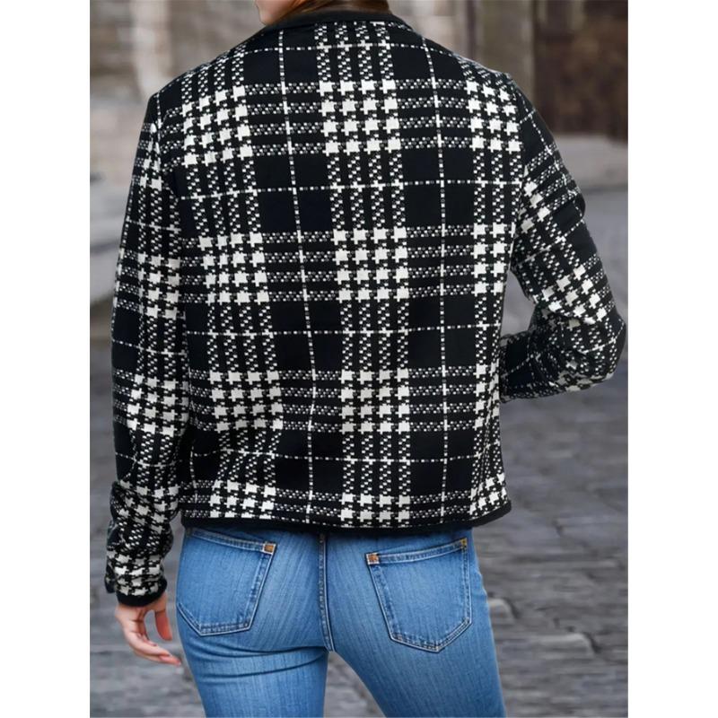 Women Fashion Houndstooth Printed Jacket Coats Casual Full Long Sleeve Knitted Jacket Coats Ladies Basic Chic Outerwear