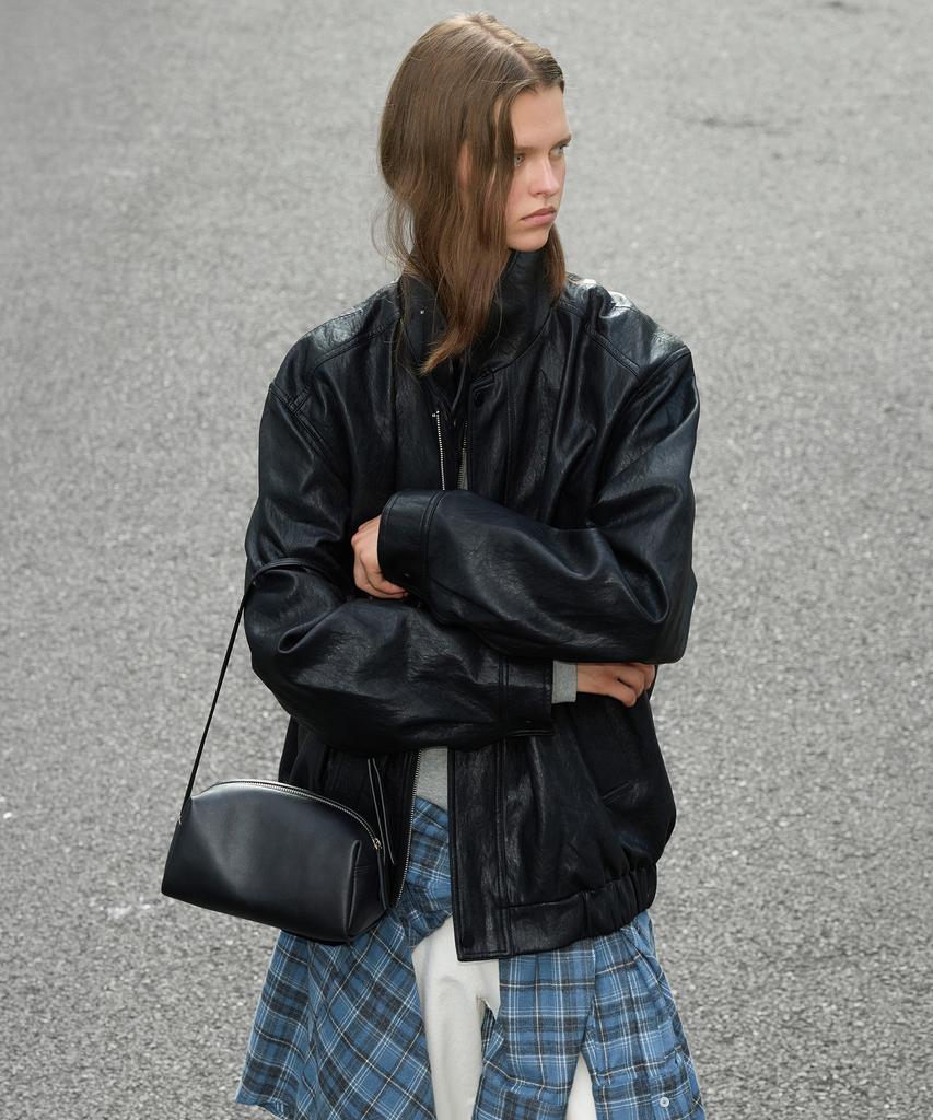 LEVAR Layered Collar Leather Jacket - Black