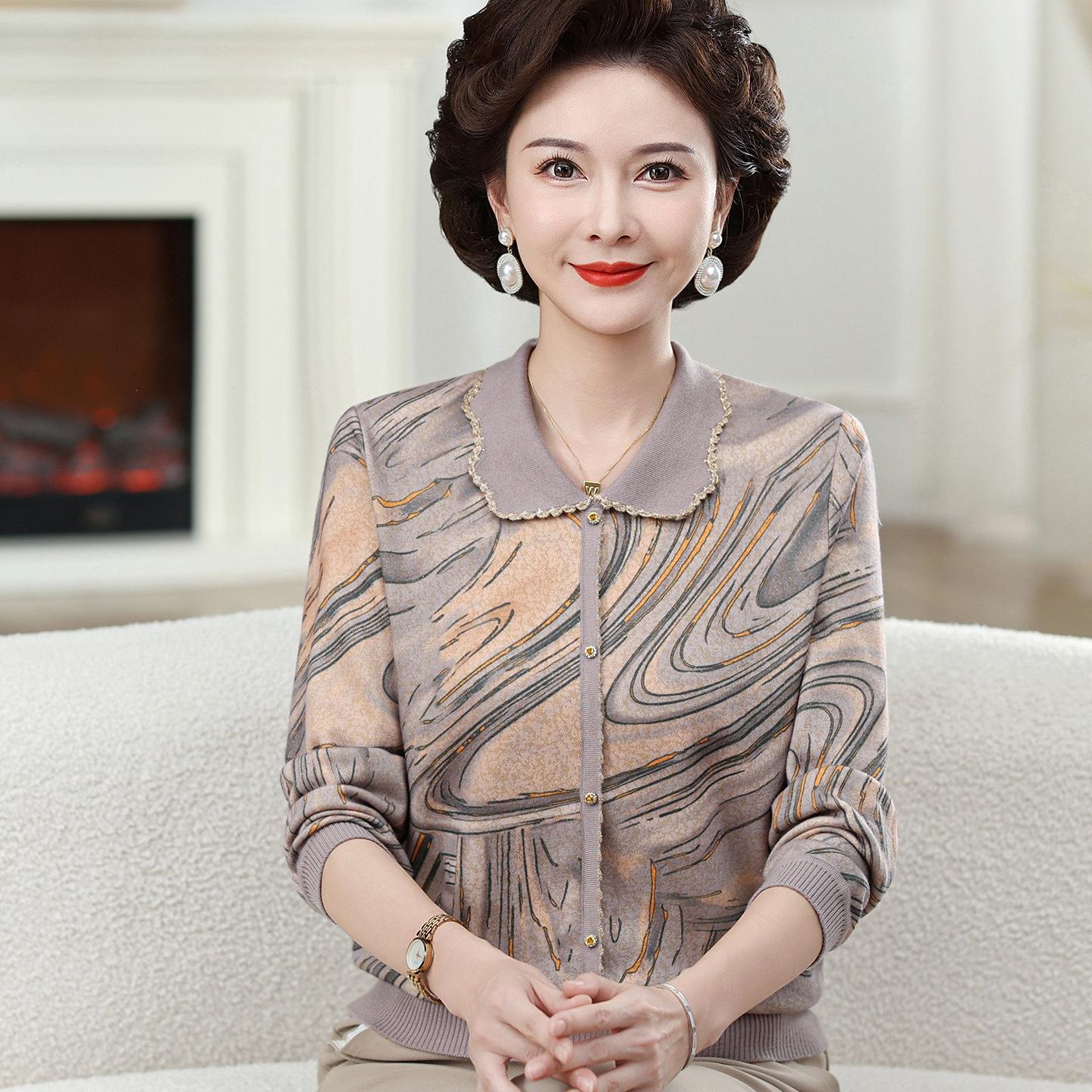 Spring & Autumn Long Sleeve Lapel T-Shirt for Middle-aged & Elderly Women 4XL (160-180 jin)