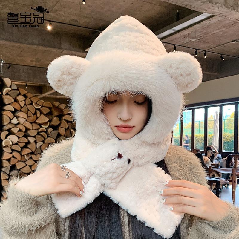 Winter plush hat, scarf, integrated hat, cute bear pullover hat, women's outdoor cold protection and warm ear protection two-piece set