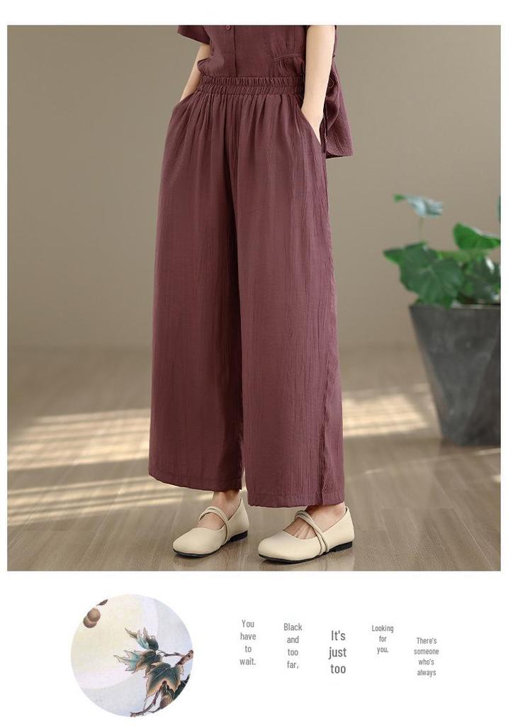 Women's Large Size Tencel Cotton-Linen Summer Suit: Slimming Round Neck Top & Wide-Leg Pants Two-Piece Set