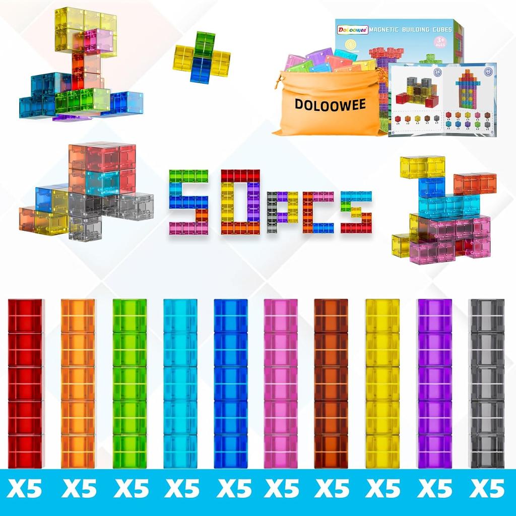 Doloowee 50 PCS Magnetic Blocks, Transparent Magnetic Building Cubes Magnet Blocks for Kids Ages 4-8, STEM Preschool Toys Montessori Sensory Magnet