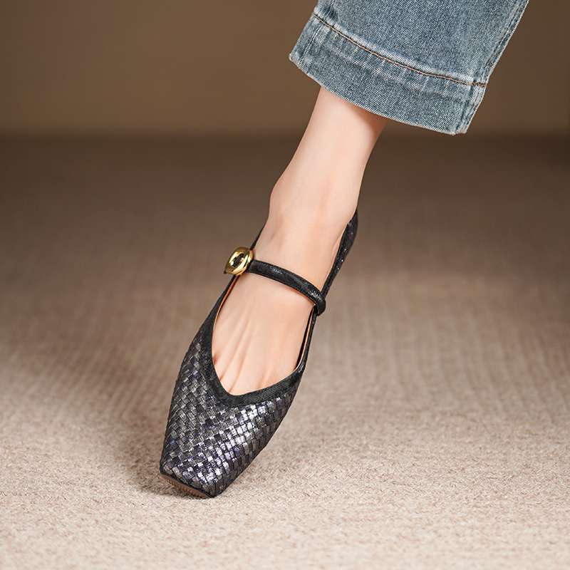 Krazing Pot Cow Skin Summer Spring Autumn Low Heels Women Square Toe Mary Janes Metal Buckle Shallow Pumps