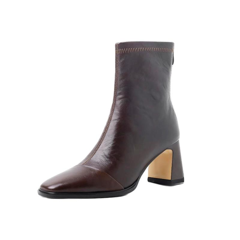 Sheepskin Version~ Square Head French Temperament Thick Heel Short Boots Women's Rear Zipper Commuting Thin Boots Retro Martin Boots Single Boots