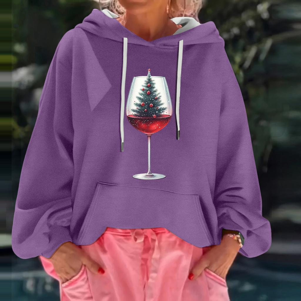 Women's Christmas Print Loose Casual Long Sleeve Hooded Sweatshirt
