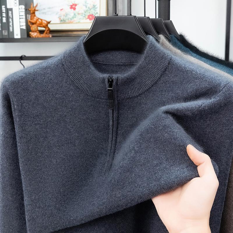 Men's Thick Wool Base Layer Sweater with Half-High Collar and Zipper - Perfect for Autumn and Winter Warmth