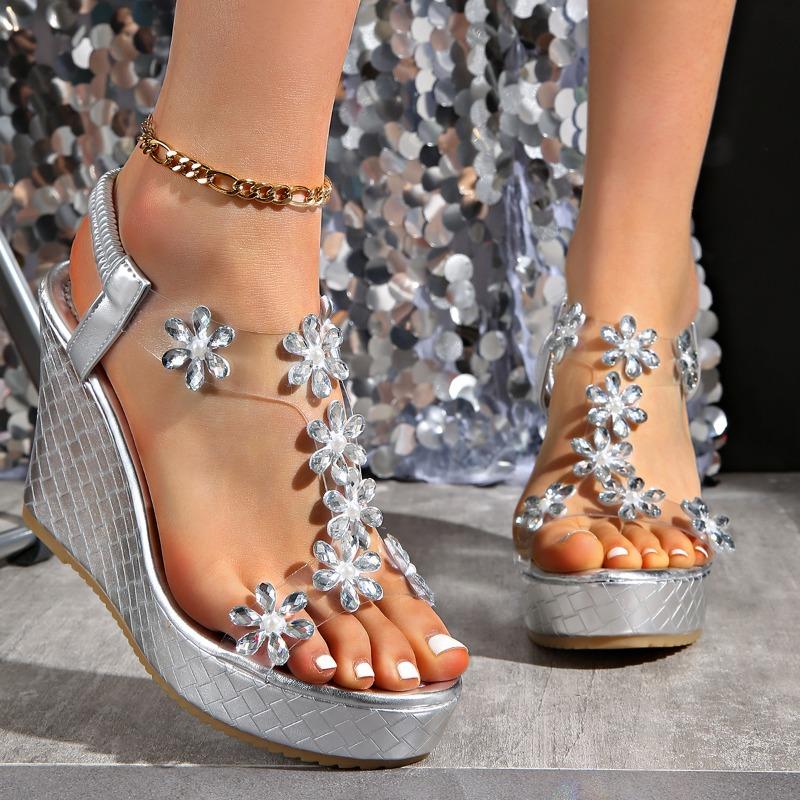 Women's Wide Width Rhinestone Sandals, Platform Wedge Roman Shoes, Peep Toe Summer Slides for Women