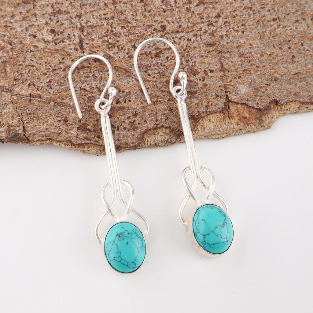 Blau Türkis Handgefertigte Edelstein Ohrringe, 925 Massiv Sterlingsilber Böhmische Schmuckohrringe, Attraktive Silberohrringe Geschenk für Ehefrau