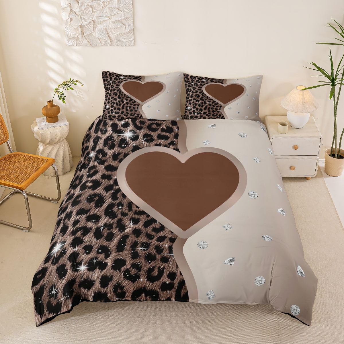 Leopard Heart Duvet Cover Double Size,Microfiber Bedding Set 2Pcs,Fashion Glitter Print Quilt Cover,Kids Boys Girls Room Decor Baby 70x133 cm