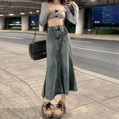 Dámská retro modrá džínová sukně s vysokým pasem s tenkou linií dlouhé džíny Dámská nová korejská verze