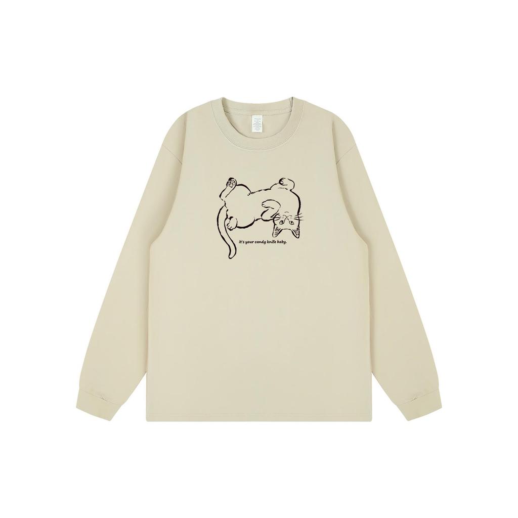 Niche Trend Hand-Painted Cat Print Long Sleeve T-Shirt - Korean Style Autumn/Winter
