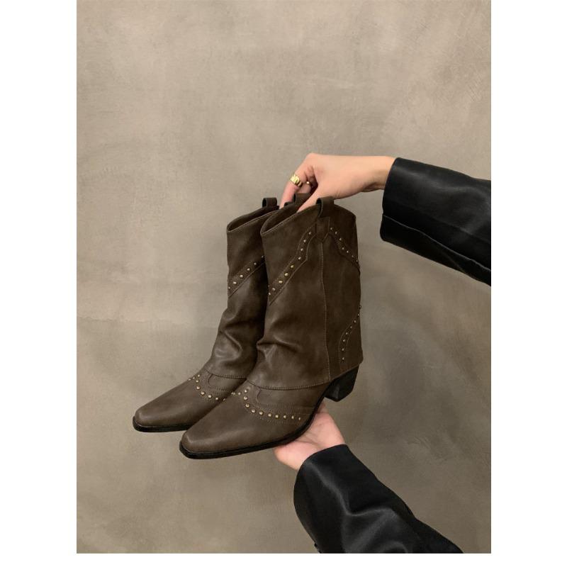 

Ботильоны на толстом каблуке с острым носком в стиле вестерн для женщин, узкие короткие ботильоны, весенне-осенние одинарные ботинки, коричневые ботинки Мартин с заклепками 35 хаки