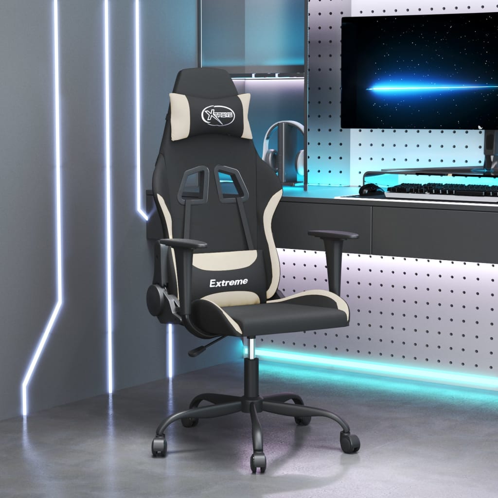 Gaming Chair with Massage Function Black and Cream Fabric