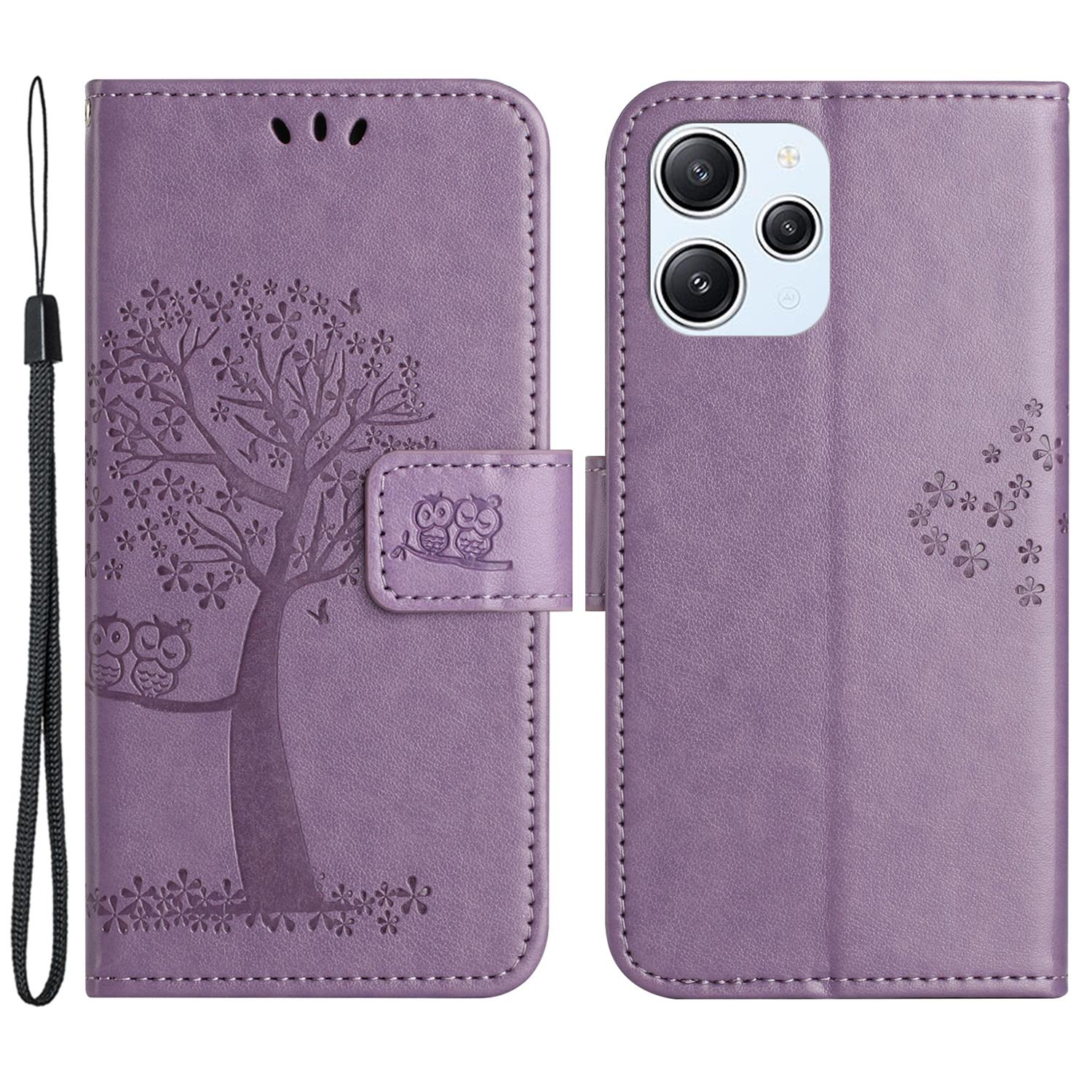 

For Xiaomi Redmi 12 4G Owl Tree Imprinted Wallet Case PU Leather Stand Phone Cover Purple