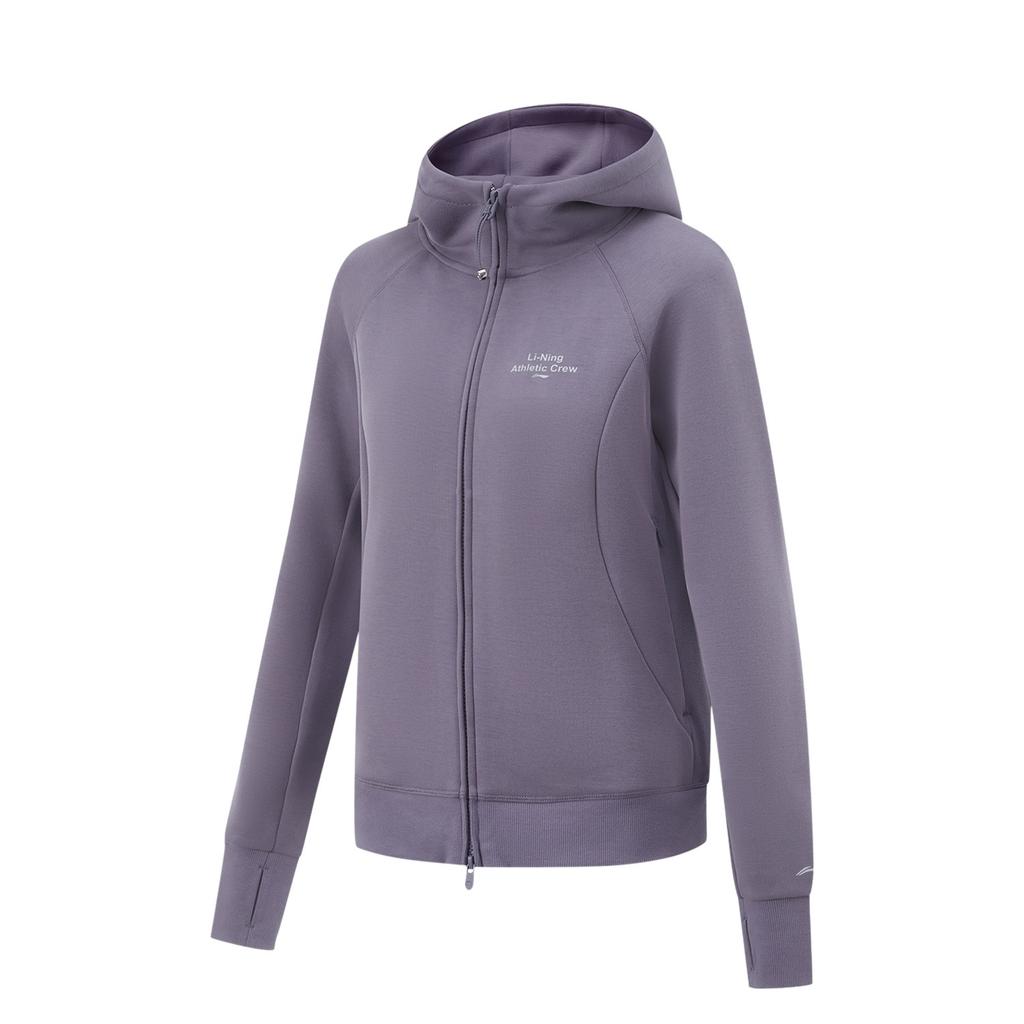 Li-Ning Solid Color Hooded Cardigan Sweatshirt Women Tops Dark-Gray Purple AWDU970-5