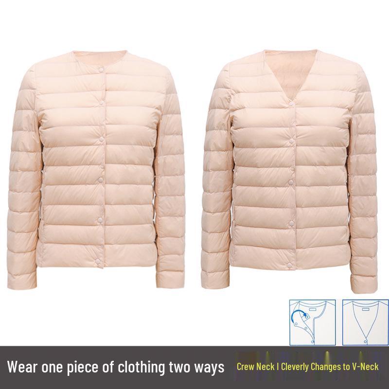 2024 Women's Lightweight Down Jacket, Short, Round V-Neck, Warm, Collarless, Slim Fit, Plus Size, Autumn/Winter Coat