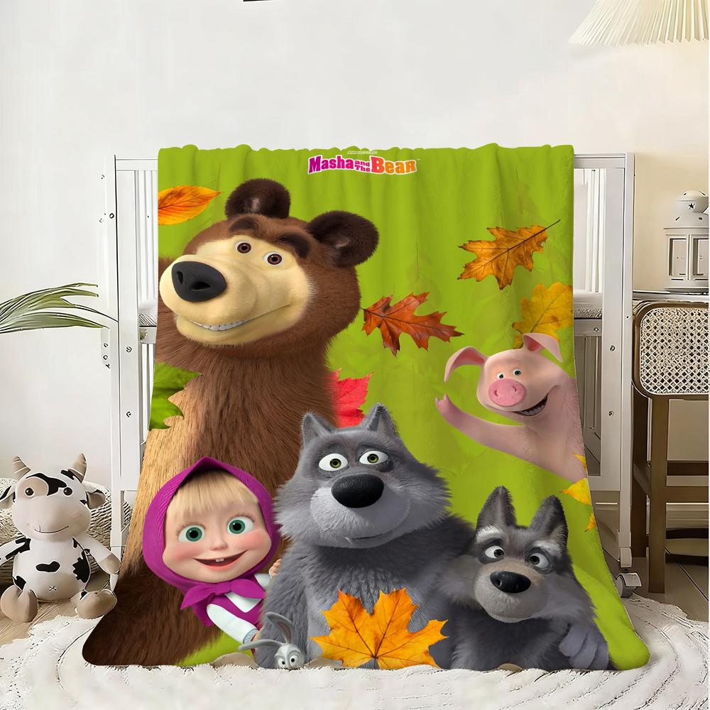 Cartoon M-Masha and the B-Bear Throw Flannel Fluffy Soft Blanket Warm Skin-Friendly Throw for Sofa Bed Office Nap Winter