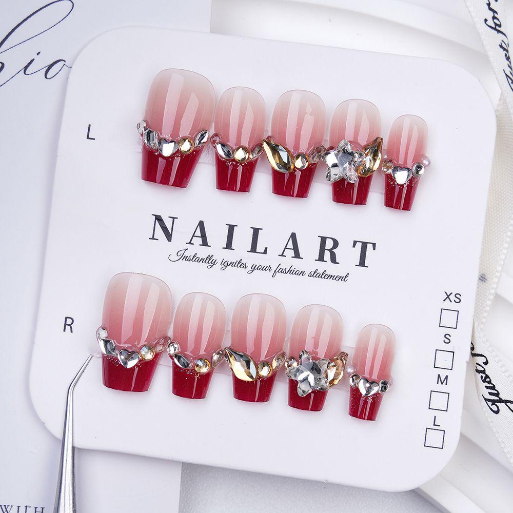 New Year Wedding Photoshoot Glitter Blush Gradient Press-On Nails - Berry Red 10 Pieces M (Includes Toolkit)